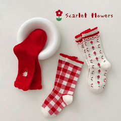 Children's socks Autumn and Winter Forest Series Red Lace Socks Girls' Double Cotton Embroidered Flower Crew Socks Student Socks Wholesale