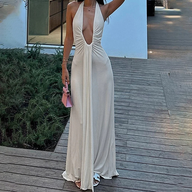 Ropa de mujer transfronteriza 2025 primavera vestido europeo y americano nuevo temperamento elegante cuello halter cuello en V sexy vestido sin espalda