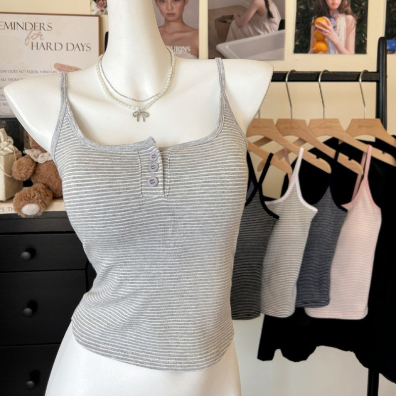 Summer Black Striped Camisole for Women, Knitted Base Tank Top, Slim-Fit Cotton Outerwear, Versatile Top