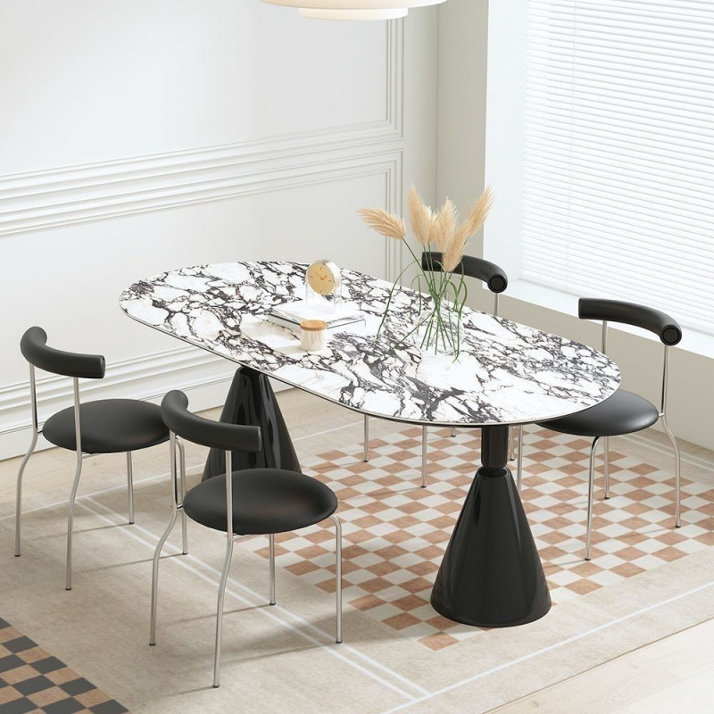 Mesa de comedor del Santo Grial de losa de roca de lujo ligero francés, mesa de comedor y silla para el hogar con crema, restaurante ovalado minimalista moderno, nuevo estilo chino