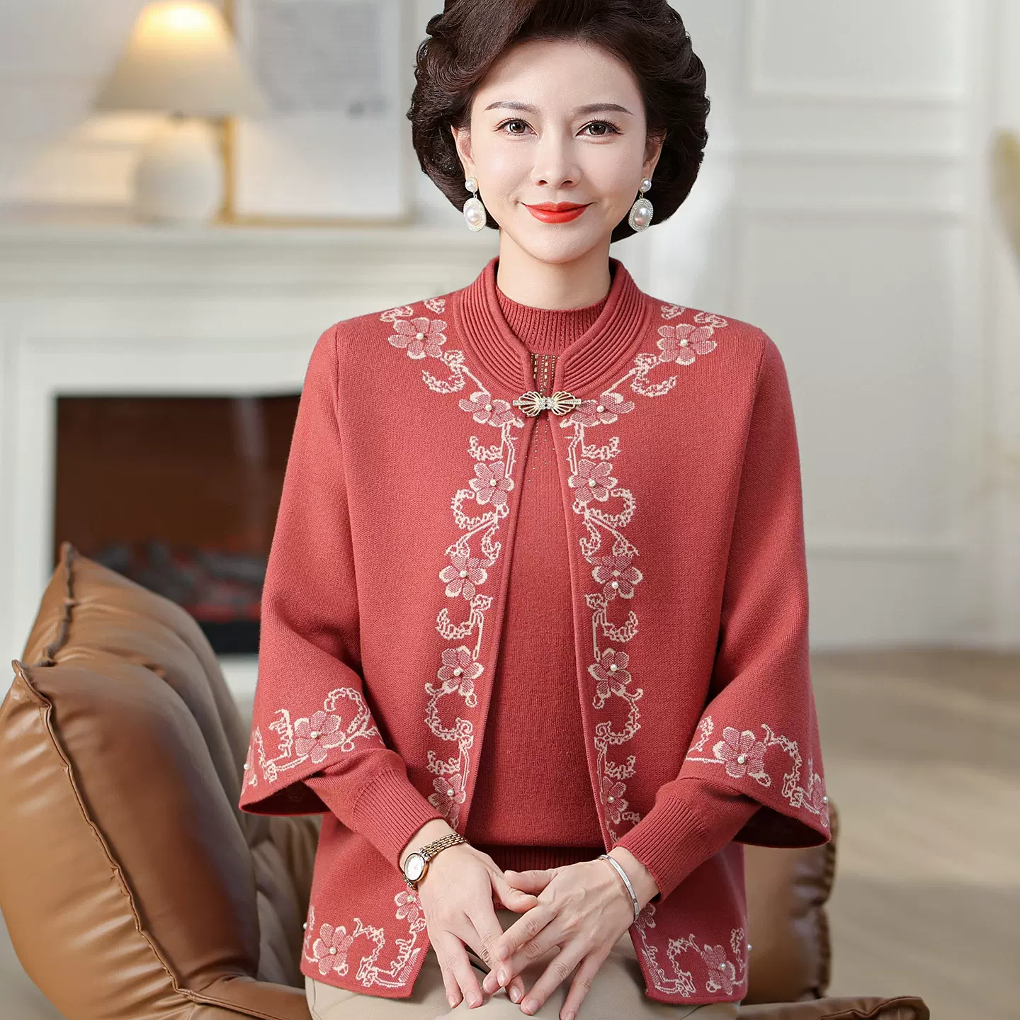 中老年人秋装女外套奶奶针织两件套套装本命年妈妈秋冬季毛衣开衫