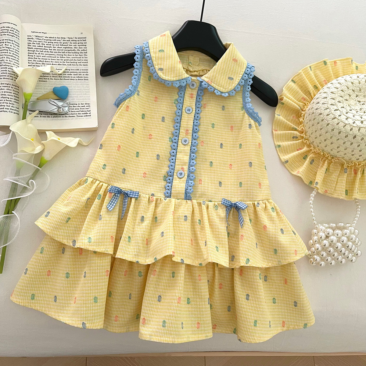 2025 New Summer Yellow Dot Plaid Baby Girl Dress Girl Cute Cake Dress 30330