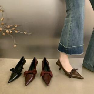 Commuter Style wine red Pointed High Heels Women's 2024 Spring and Autumn New Fashion Bow Stiletto Heel Shallow Mouth Single Shoes