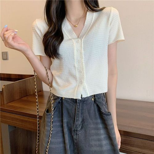 Designer-style niche women's summer Korean version temperament pleated V-neck slimming short-sleeved top women's gentle short-sleeved top
