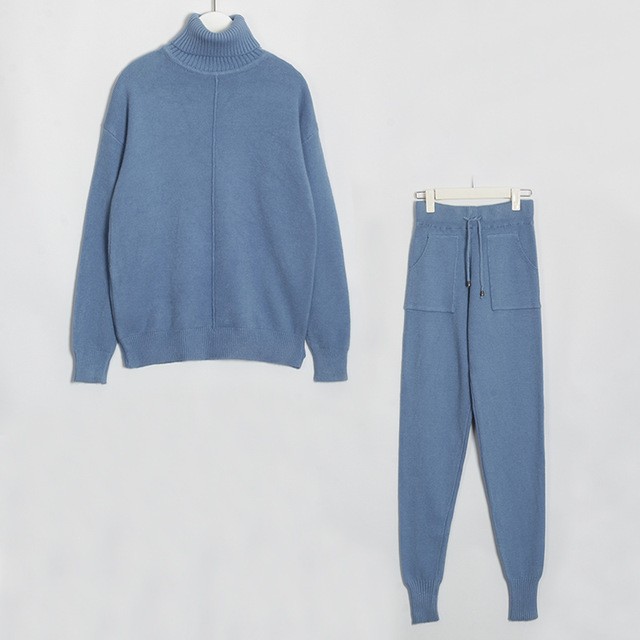 Damen Strickanzug Set Mit Stehkragen Pullover Und Hose_voghion.com