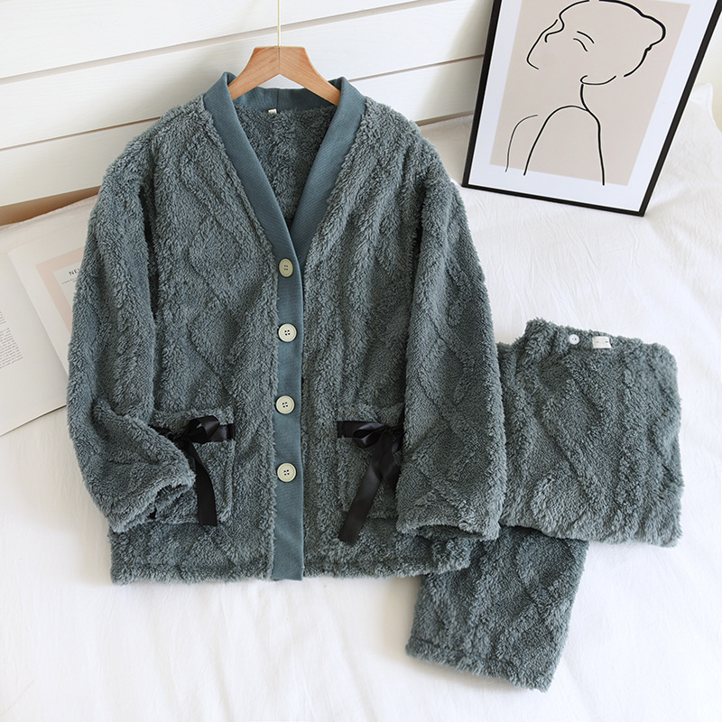 ZFQ女性灰青色ジャカード-フランネルVネック月子服