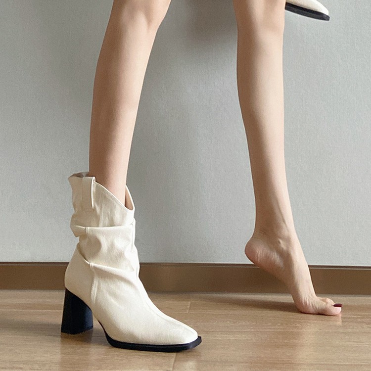 小牛皮版！短靴女款2025新款法式极简风杏色方头小个子增高堆堆靴