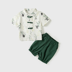 男童漢服夏季套裝寶寶中國風印花套裝嬰兒盤扣短袖短褲夏裝兩件套