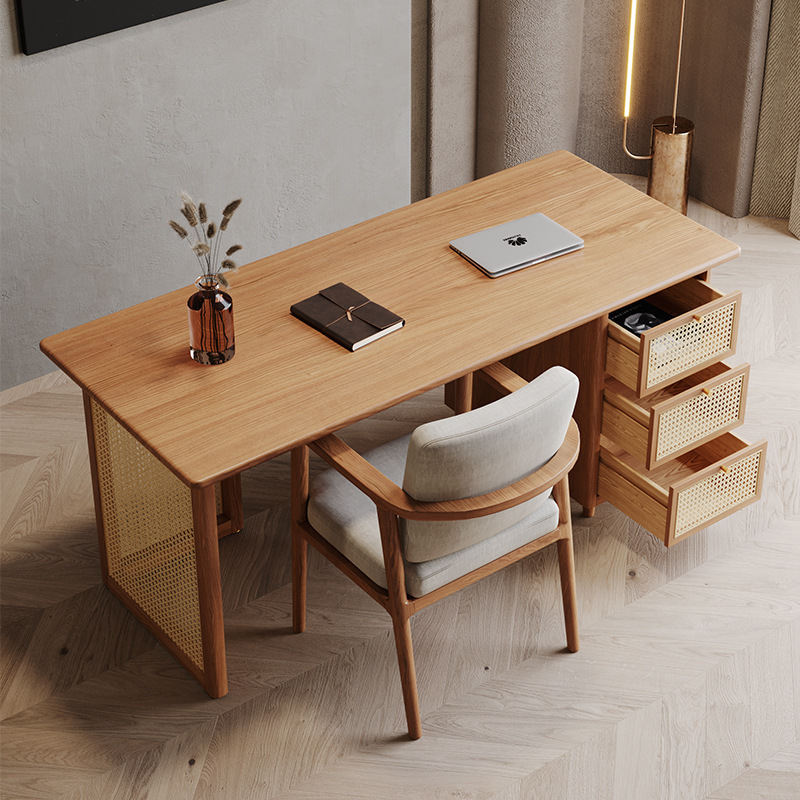 Japanese Solid Wood Rattan Desk Home Log Style Cream Desk Living Room Office Computer Desk Rattan Mesh Study Table