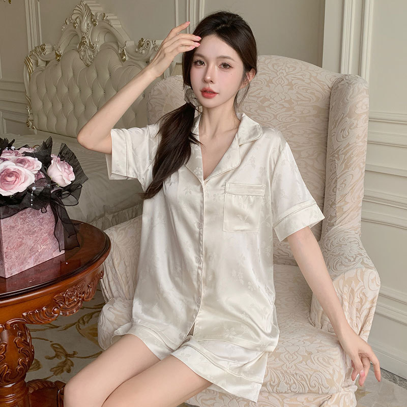 2024 summer new ice silk pajamas women's short sleeve shorts national style thin cardigan home clothing suit can be worn outside 2024 summer new ice silk pajamas women's short sleeve shorts national style thin cardigan home clothing suit can be worn outside