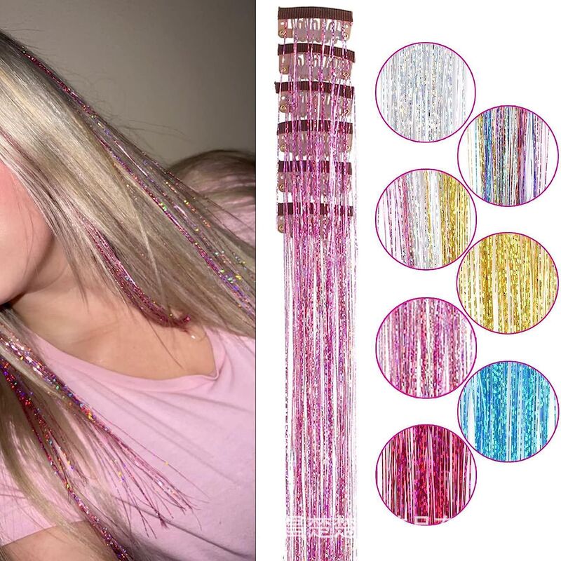 Colorful Hair Extensions, Seamless Hair Extensions, 12 Pieces, Laser Gold and Silver Thread, Straight Hair, Bb Clip One-Piece Wig, Dazzling Colors