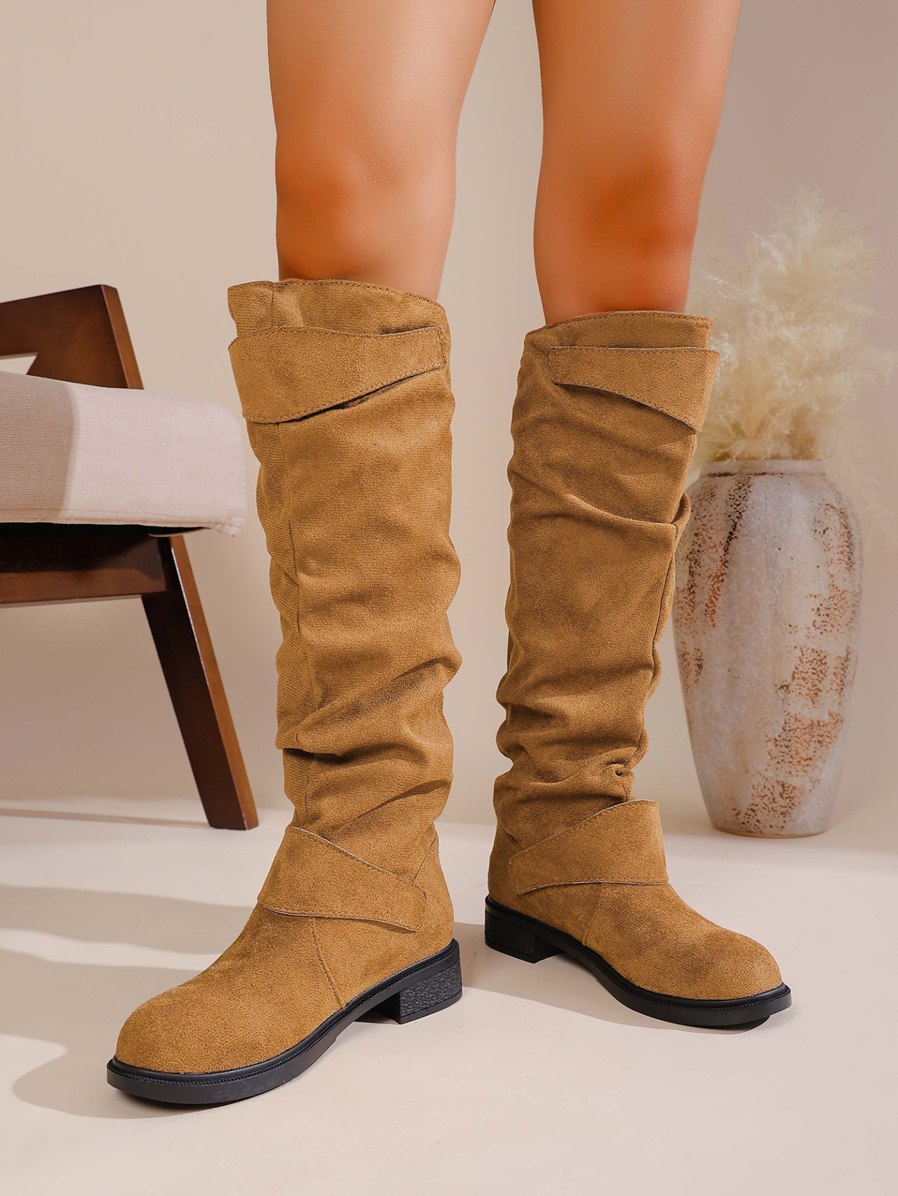 Women's High Top Pleated Belt Buckle Boots Suede Slip on Retro Riding plus Size Winter New Style_vogvips.com