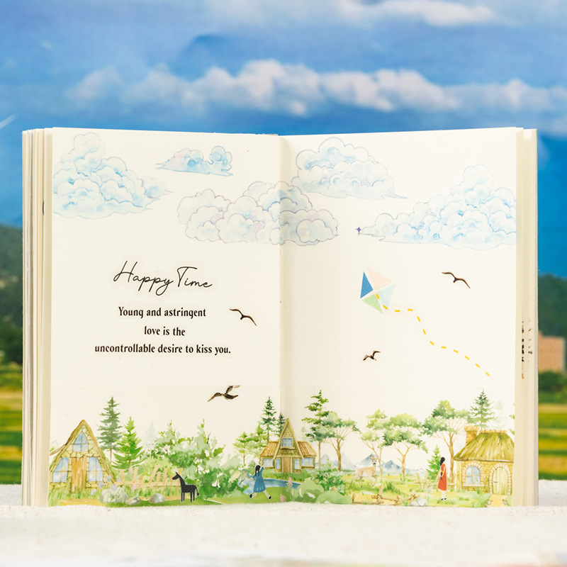 Ketchup niña PET paisaje paisaje paisaje idílico cuento de hadas árboles paisaje cuentas de mano pegatinas DIY cinta adhesiva