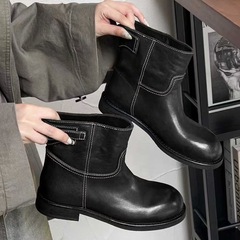 2025真皮圆头机车粗跟复古西部牛仔靴女秋冬