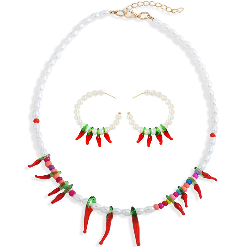 Za Mismo Diseño Collar Conjunto De Pendientes Elegante Collar De Perlas De Color Rojo Esmalte Pimienta Colgante Ornamentos display picture 3