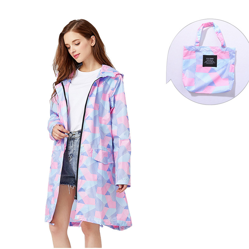 Japanese Outdoor Full-Print Waterproof Mid-Length Polyester Lightweight Windbreaker-Style Hooded Handbag Raincoat
