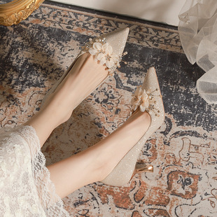 X788-11 French Main Yarn Wedding Shoes Champagne Gold Bridal Shoes Pointed Toe Stiletto High Heels Bridesmaid Shoes Plus Fat 40-43