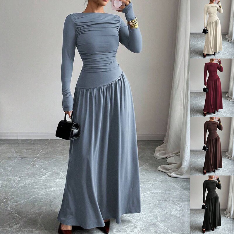 2026 Autumn/Winter Cross-Border New Arrivals: Amazon Independent Store European and American Women's One-Shoulder Ruched Slim-Fit Long Dress