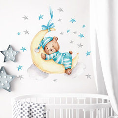 New Moon Blue Bear Sleepwear Wall Sticker for Children's Bedroom Kindergarten Wall Decor Sticker BR64179