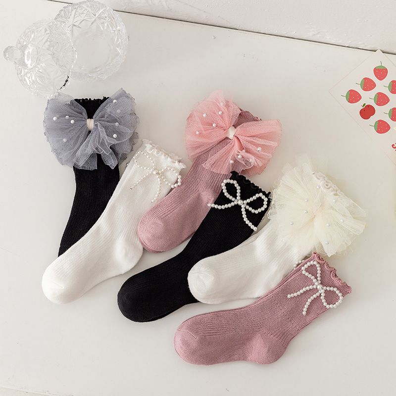 Girls' Cuff Socks Cute Sweet Ear Edge Pearl Bow Children's Cotton Socks Combed Cotton Baby Girls' Socks