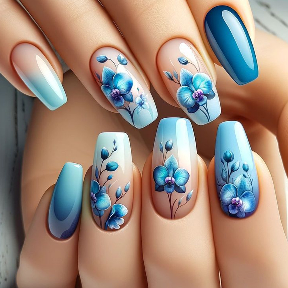 Azul gradiente tipo ballet manicure parche de uñas simples flores falsas parches de uñas transfronterizas ventas calientes cortas para usar uñas