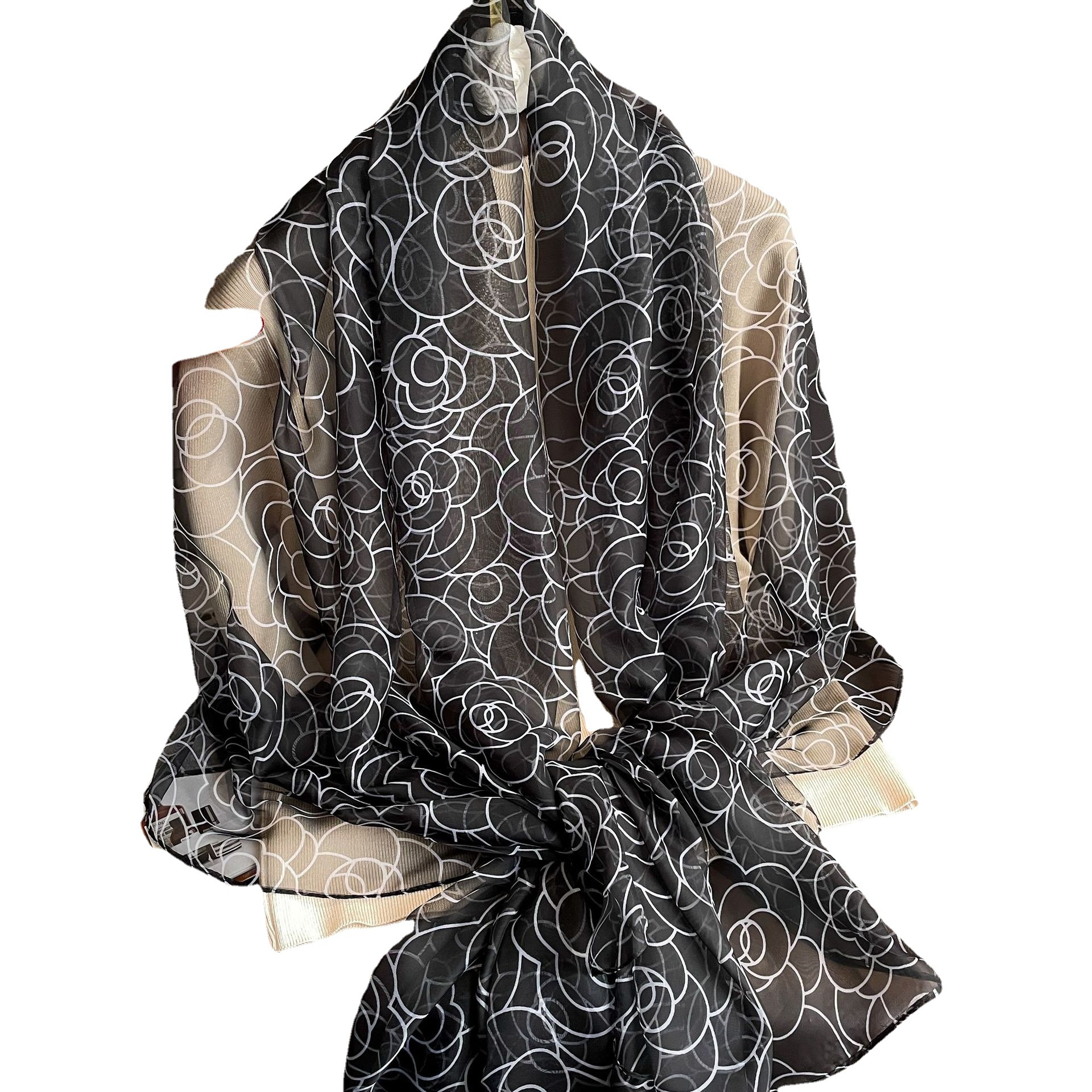 Elegant Large Yarn Thin Silk Scarf Women's Camellia Spring and Summer Sunscreen Tourism Photography Silk Scarf Beach_voghion.com