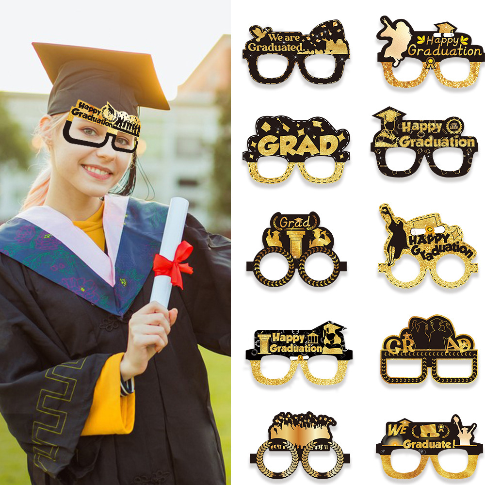 10 unids/set transfronterizo nueva temporada de graduación decoración gafas de fiesta feliz graduación gafas de papel de oro negro