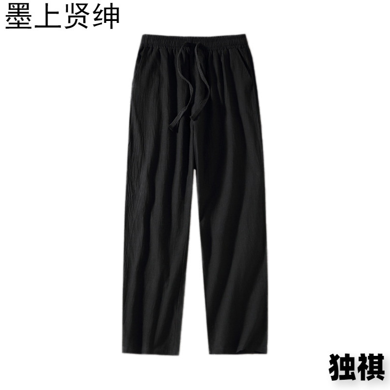 Pantalones de lino de talla grande para hombre, pantalones de pierna ancha holgados de pierna ancha de estilo chino más gordos, pantalones casuales de lino de algodón gordo