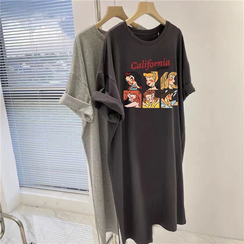 South Korea plus size Women's New Short-sleeved Long T-shirt Women's Summer Over-the-knee Lazy Cartoon Long Dress Cyber Popular dress
