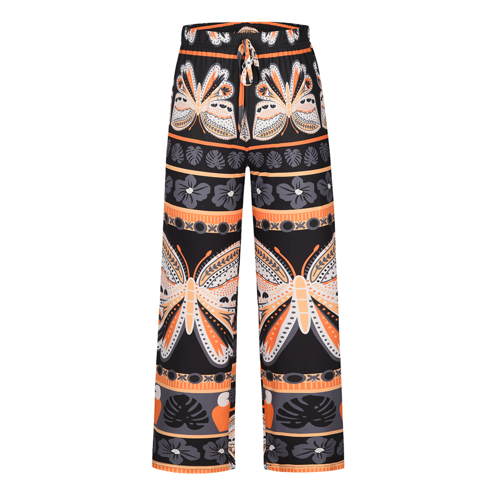 summer high waist wide leg print straight beach trousers NSHYG118518