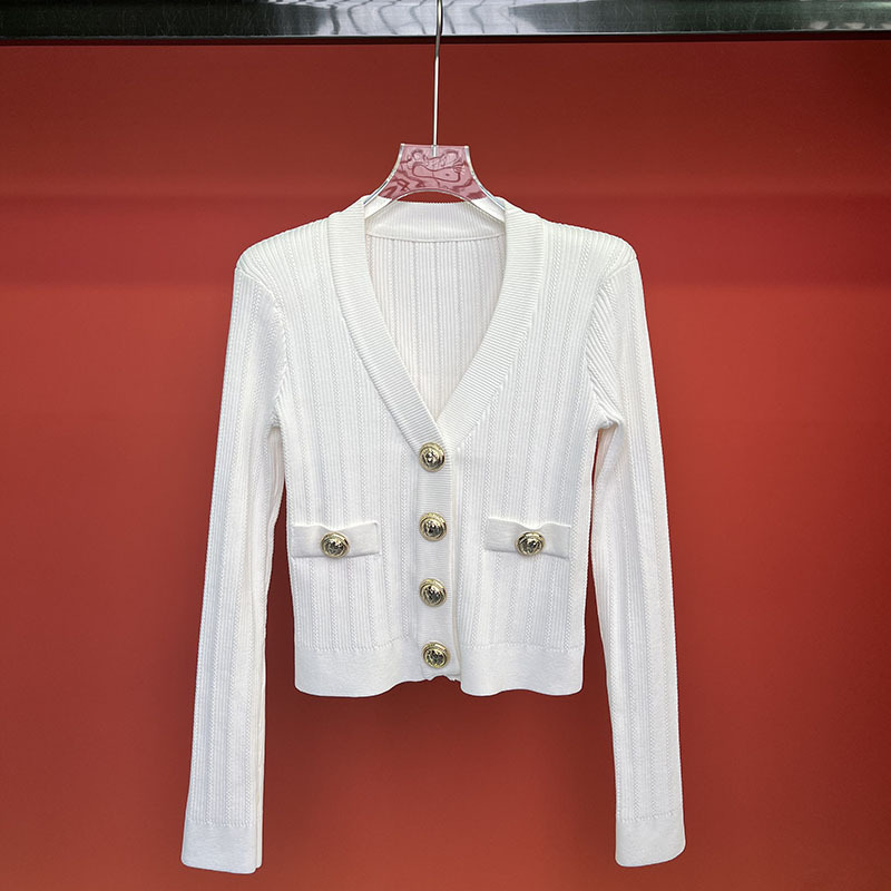 24 Early Spring B Brand Light Luxury Heavy Craftsmanship Elegant V-Neck Slim Fit Metal Button Cardigan Jacket for Women Early Spring New Style