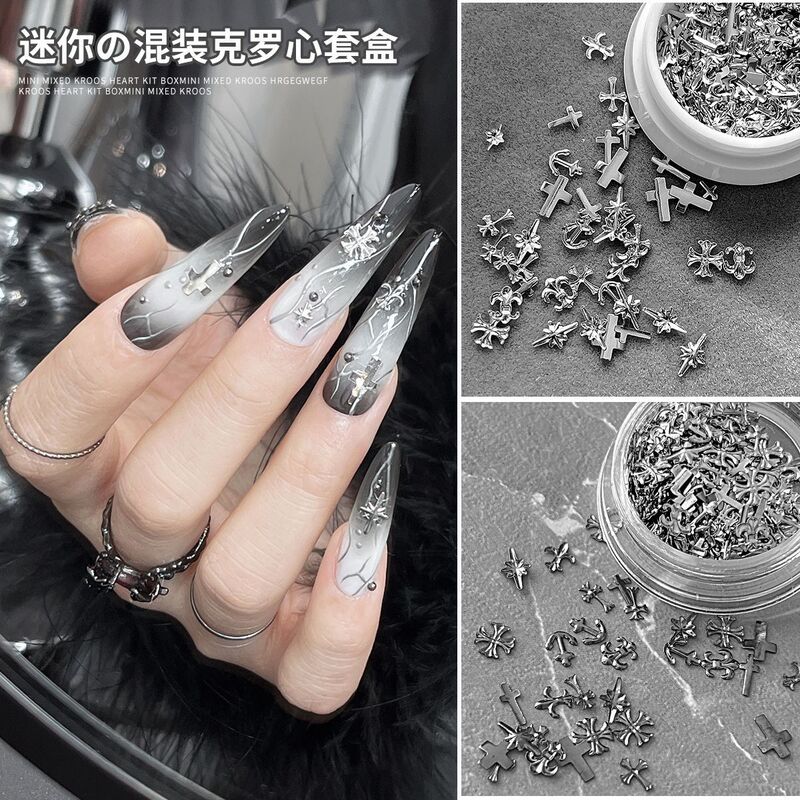 Kro Heart Nail Art Accessories Sweet Cool Cross Black Small Accessories Set Nail Decorations Resin Nail Rhinestones