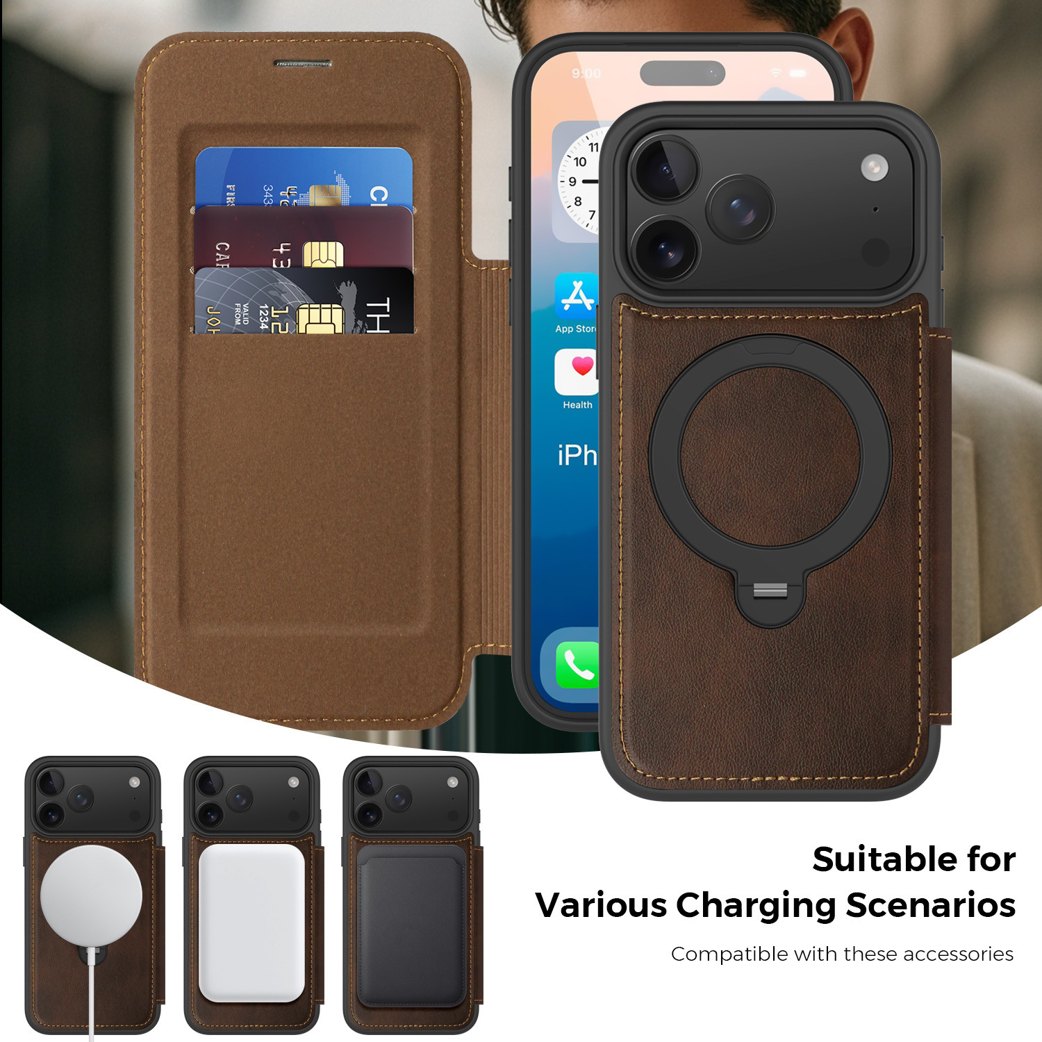 Ốp lưng da lật iPhone 16 Pro Max xoay 360 độ tích hợp giá đỡ từ tính — màu đen, màu xanh hoàng gia, Màu nâu, xám chi tiết 27