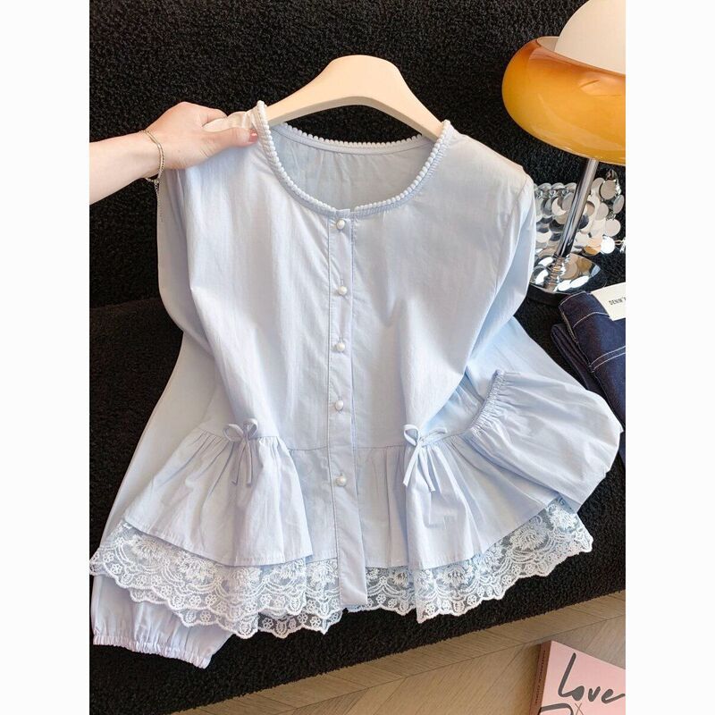 2026 Sweet and Youthful Lace-Trimmed Shirt with Bubble Sleeves for Women, Spring Ruffle Hem Blouse Top 2026 Sweet and Youthful Lace-Trimmed Shirt with Bubble Sleeves for Women, Spring Ruffle Hem Blouse Top