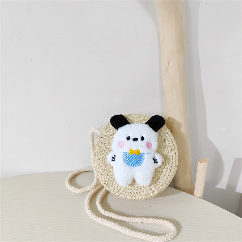 Verano de los niños de paja lindo babero cachorro crossbody pequeño bolso redondo niños y niñas al aire libre ligero dibujos animados tejida BOLSA DE PAJA