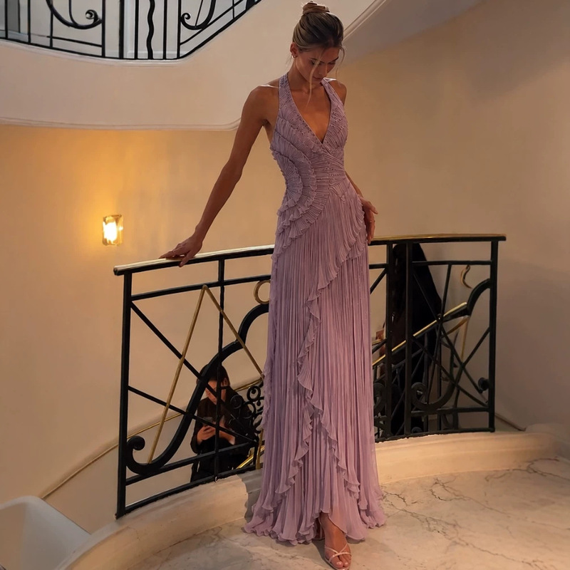 Cross-border high-end chiffon dress for women, ruffle and pleat design, slimming mid-length dress, European and American fast fashion Cross-border high-end chiffon dress for women, ruffle and pleat design, slimming mid-length dress, European and American fast fashion