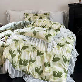 梨涡绿法式复古雪纺工艺花边款全棉纯棉四件套床上用品被套枕套