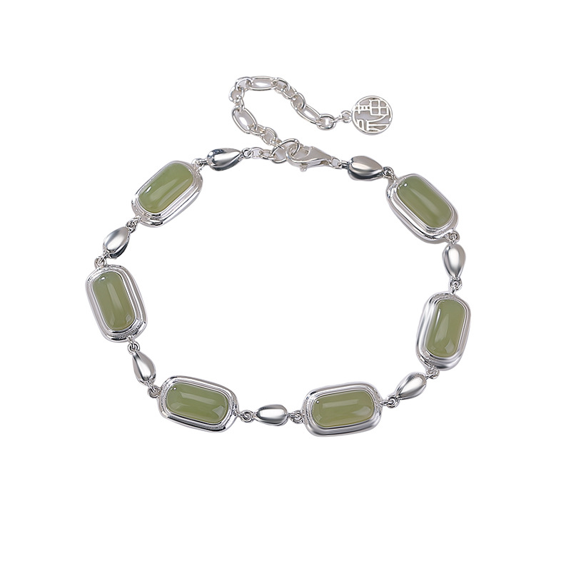 Vòng tay bạc S925 đính ngọc Hetian tự nhiên hình yên ngựa giọt nước phước lành — Một mảnh