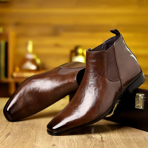Chelsea men's boots for cross-border, large size, pointed toe, short high-top, breathable lychee pattern, casual men's Korean one-piece boot