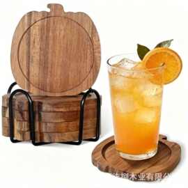 木质南瓜形杯垫带收纳架桌面碗碟隔热垫万圣节饮品咖啡底座水杯托
