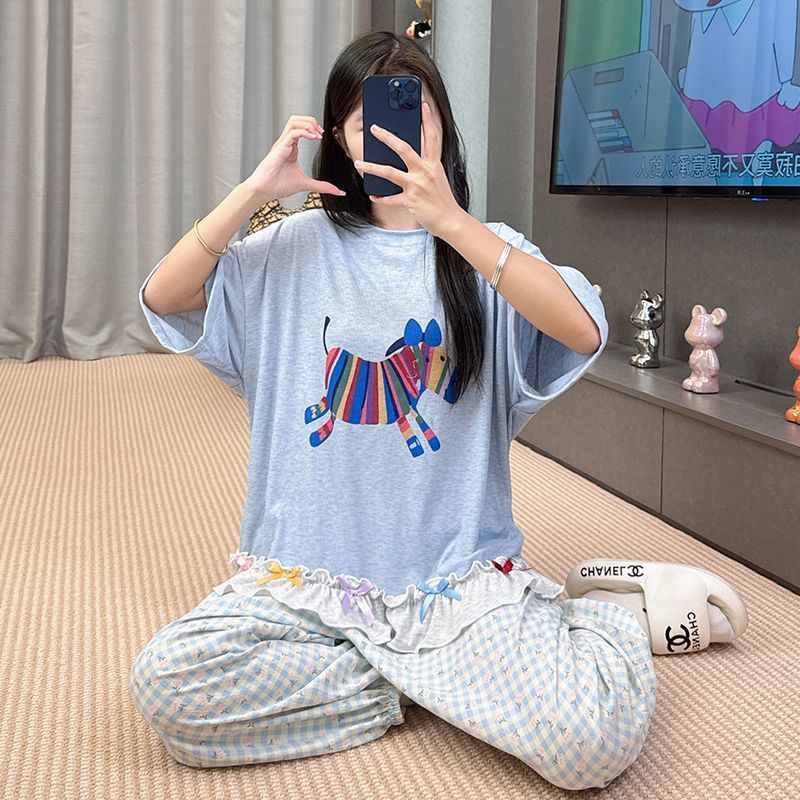 2025 新しい夏のモーダルパジャマ女性の半袖ズボンスーツ漫画ルーズ夏は家の服の外で着用できます|undefined