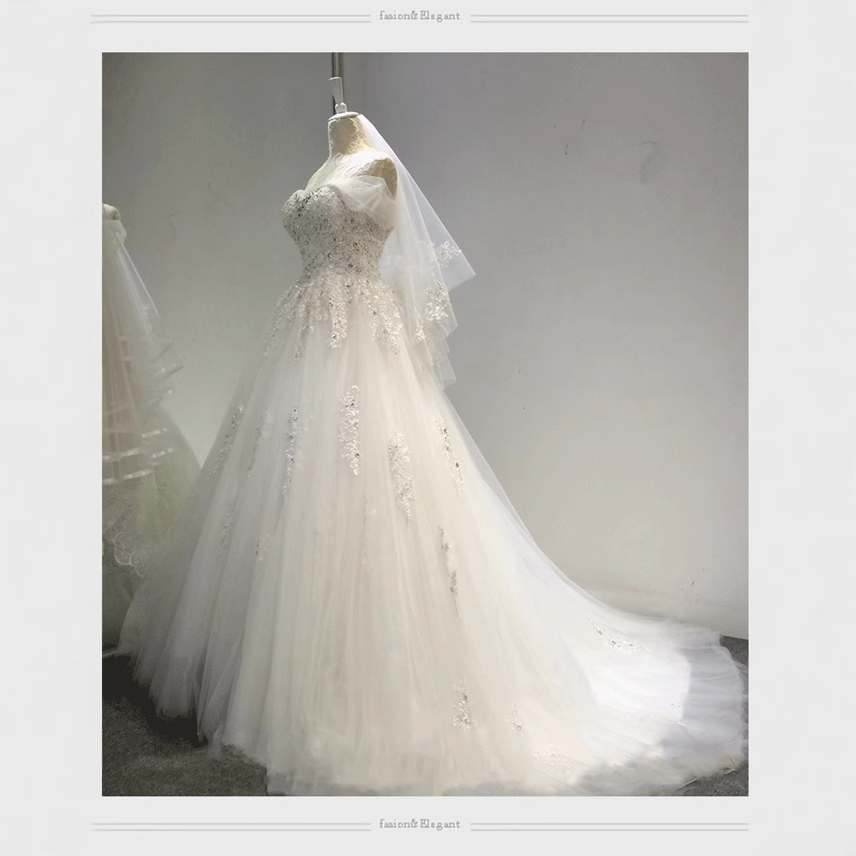 Bridal off-shoulder wedding dress small tail lace tutu skirt wedding dress pregnant women high waist slim large tail wedding dress