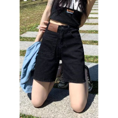 女性用ブラックハイウエスト5点デニムショートパンツ2025夏薄手ルーズワイドレッグスリムで多用途な女性用5点パンツ