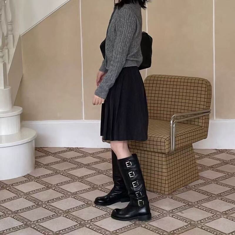 羊皮版~中筒骑士长筒靴2025新款套筒平底皮带扣百搭高筒靴时装靴|undefined