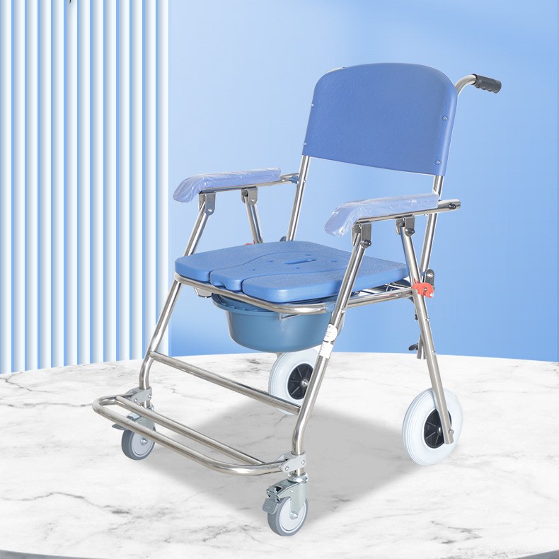 Shengkai Stainless Steel Wheeled Bathing Commode Chair for Elderly, Foldable Mobile Toilet for Indoor Home Use
