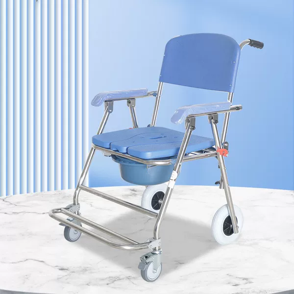 Shengkai Stainless Steel Wheeled Bathing Commode Chair for Elderly, Foldable Mobile Toilet for Indoor Home Use