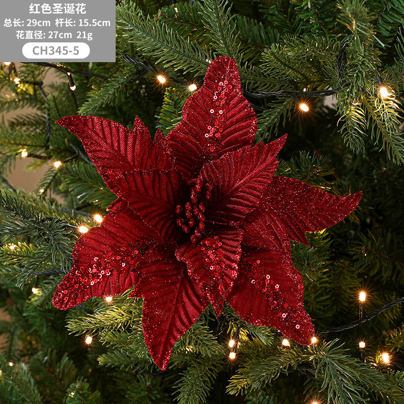 Navidad nueva flor de Navidad rojo flocado tela simulación brillo árbol de Navidad decoraciones Comercio exterior misma flor de Navidad