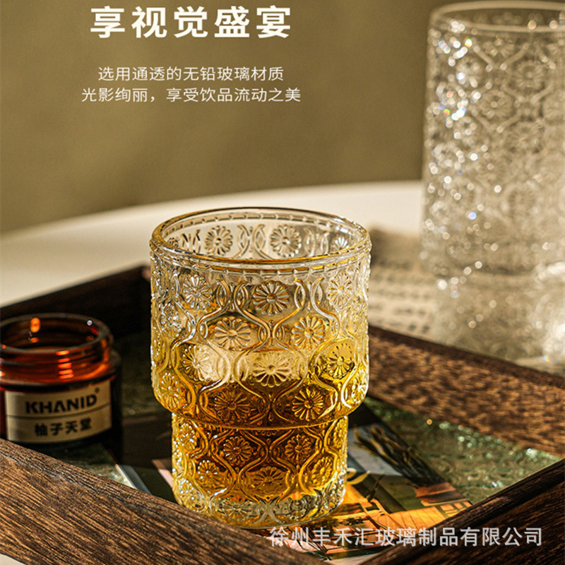 高顏值玻璃杯加厚圓形ins女透明海棠花冰川豎紋圓點手浮雕疊疊杯