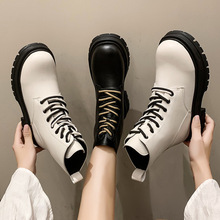 馬丁靴女2022年新款中筒系帶女靴潮ins英倫風粗跟厚底白色短靴女