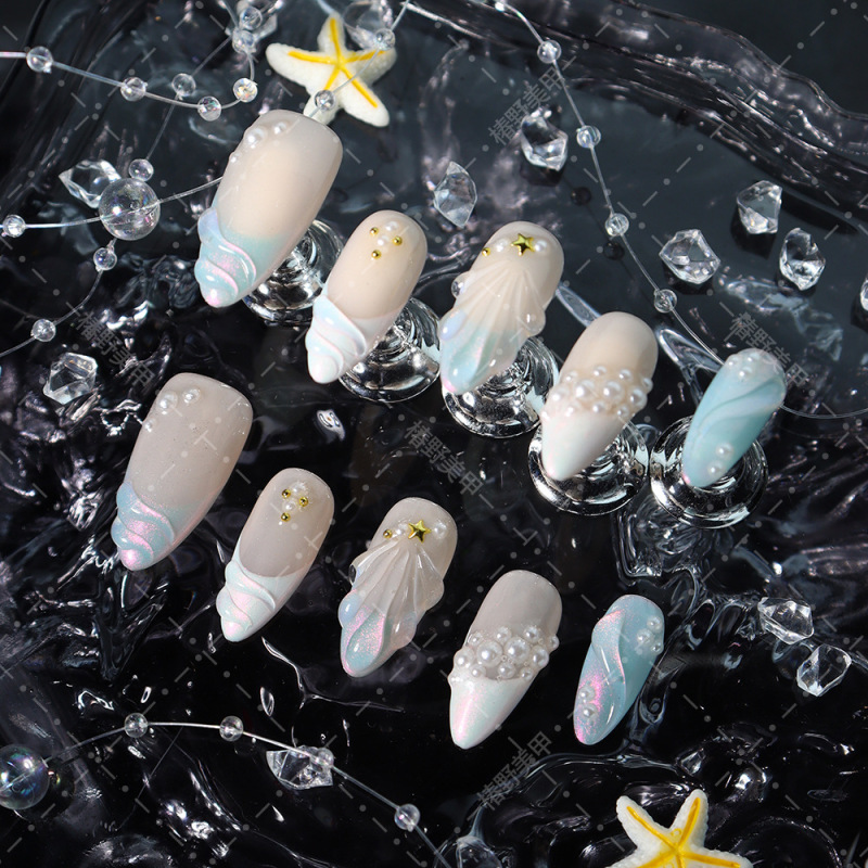 Handmade 3D Resin Hard Shell Pearl Star Mermaid Color Ocean Beach Fake Nail Stickers